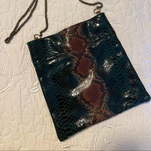 Free People Leather Snake Print Clutch with detachable chain, Green and Copper